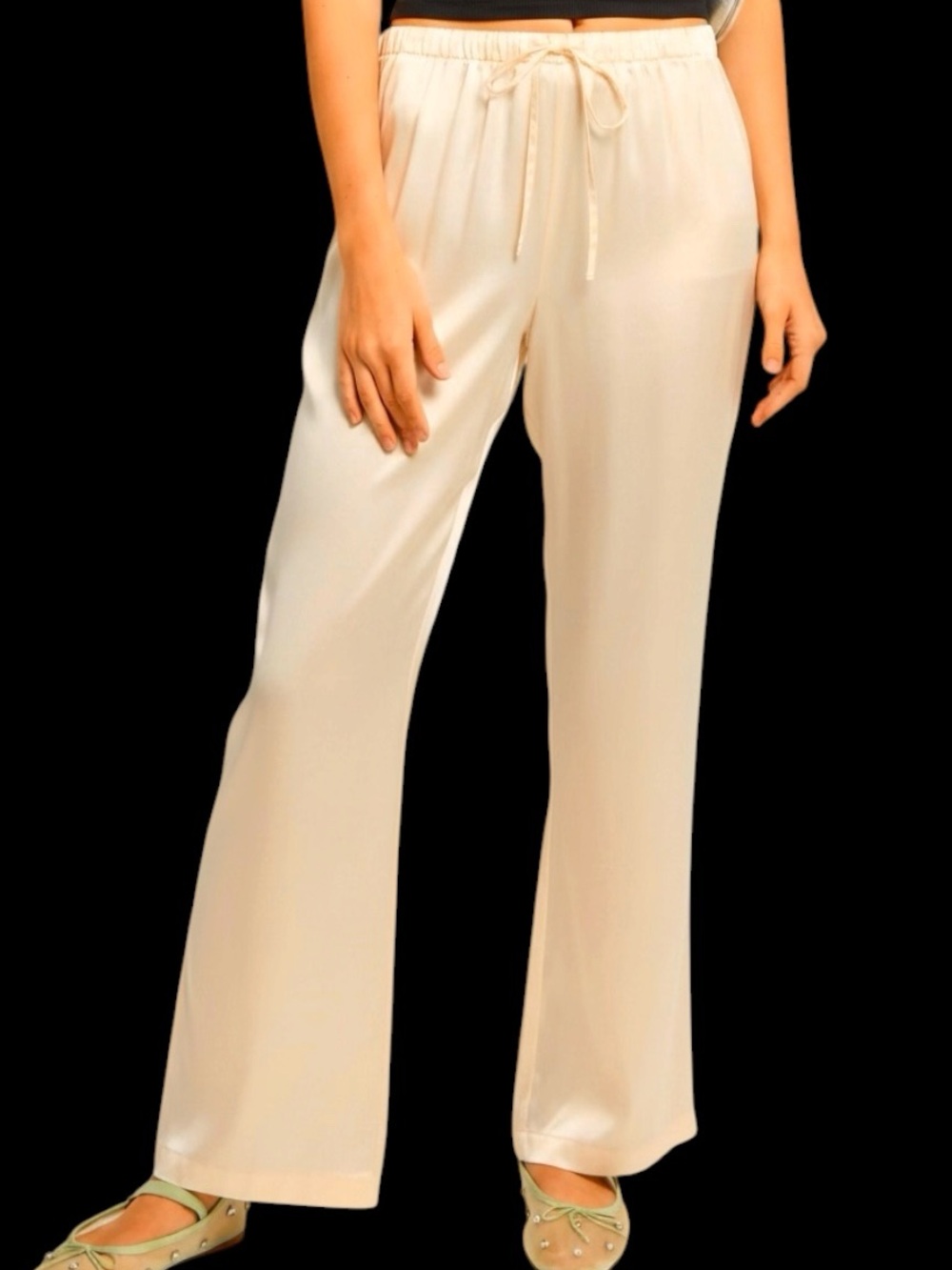 Few Moda Caara Josie Pant Cream Wide-Leg Drawstring Silk Pants NWT